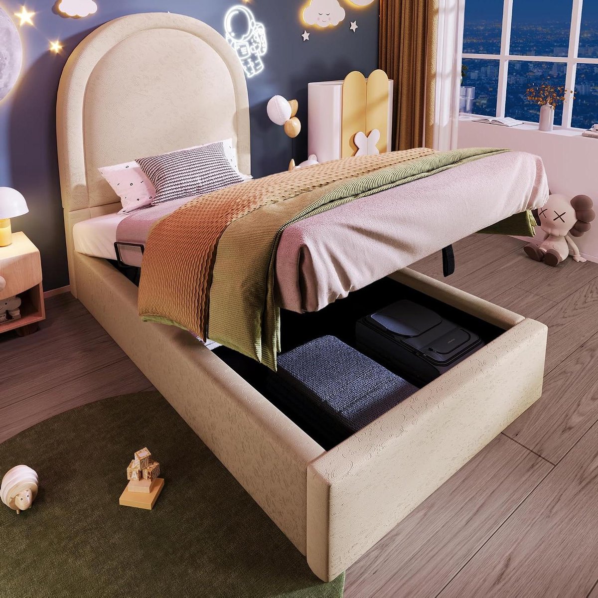 Kinderbed Gestoffeerd - Jongensmeisjes Bed - Slapen en Opbergen - Hydraulisch Slatframe - 90 x 190 cm - Beige
