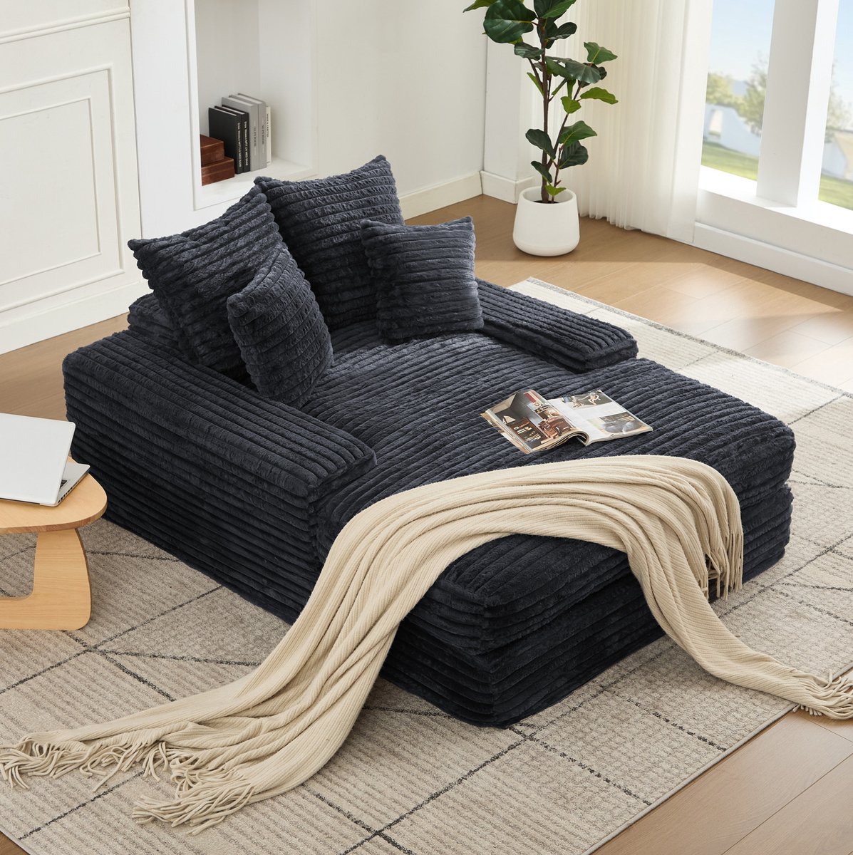 MODENUIT Chaise Longue 135 x 165 x 58 cm - Zonder Montage Met 4 Afneembare Kussens - Ribstof Grijs