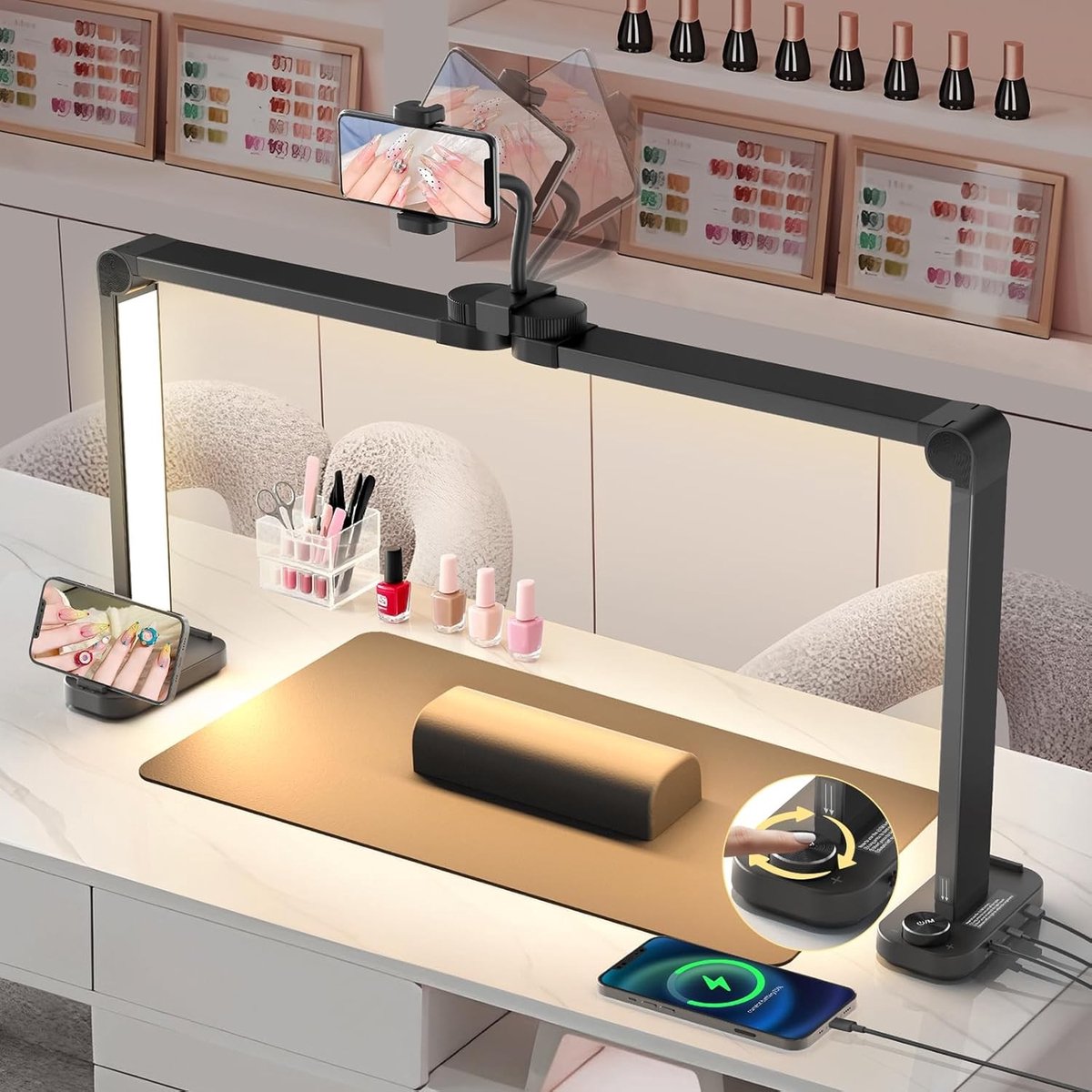Nail Lamp met Telefoonhouder en 3 Kleurmodi - 34 Inch Half Moon Tafel voor Wimpers en Tattoos met 10 Verstelbare Helderheidsniveaus (Zwart)