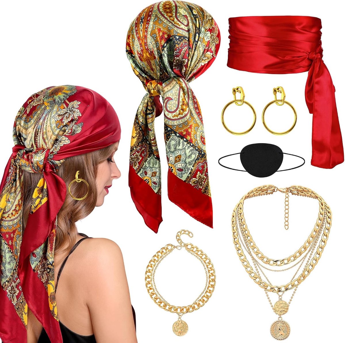 Medieval Piratenkostuum Vrouwen Accessoireset met Hoofddoek, Sieraden en Oorbellen voor Carnaval en Feestjes