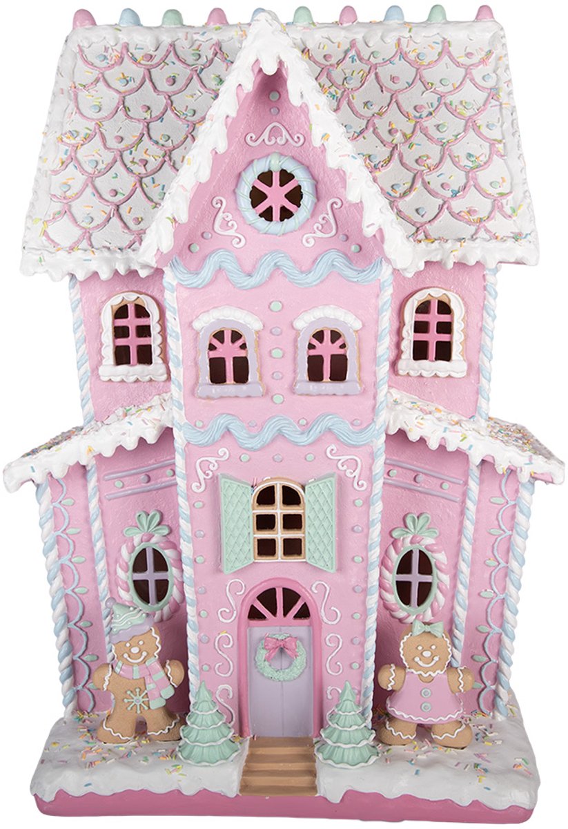 Clayre & Eef Gingerbread house met LED 54x31x76 cm Roze Kunststof