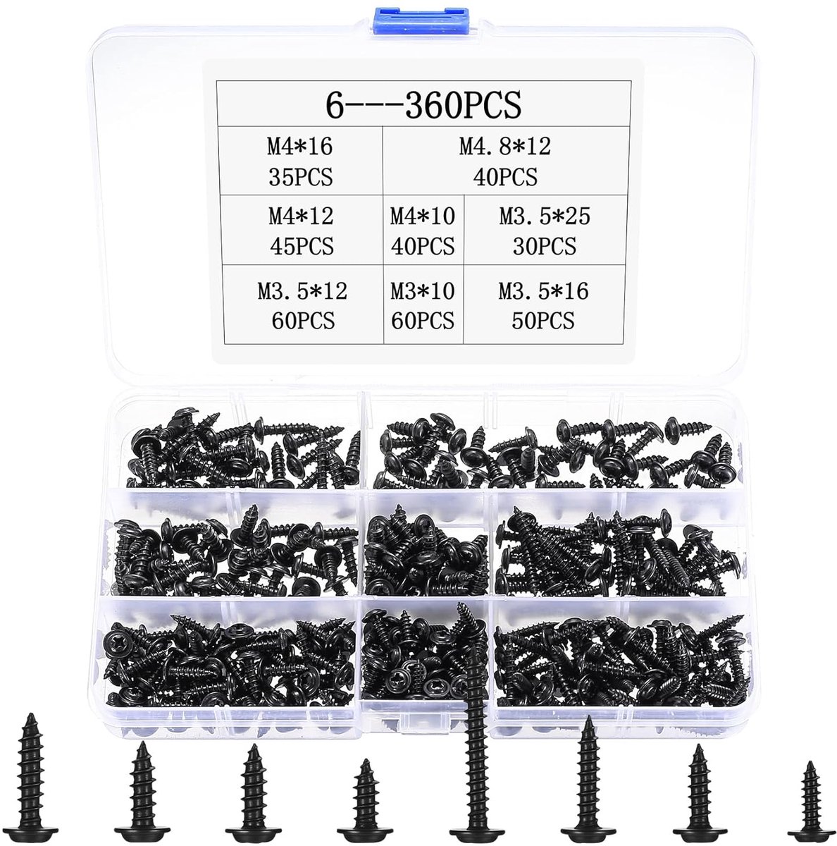 360 Pieces Sheet Screws Self Tapping Screws M3 M3.5 M4 M4.2 Black Screw Set Cross Head Flat Head Screws Wood Screws - ShopVlot