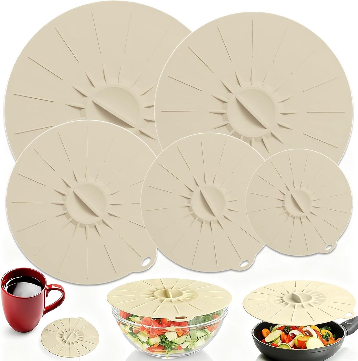 SnelShoppen - Herbruikbare Siliconen Deksel voor Kom, Universele Food Covers in 5 Maten, Perfect voor Ronde Containers, Crème Kleur, Ideaal voor Keuke