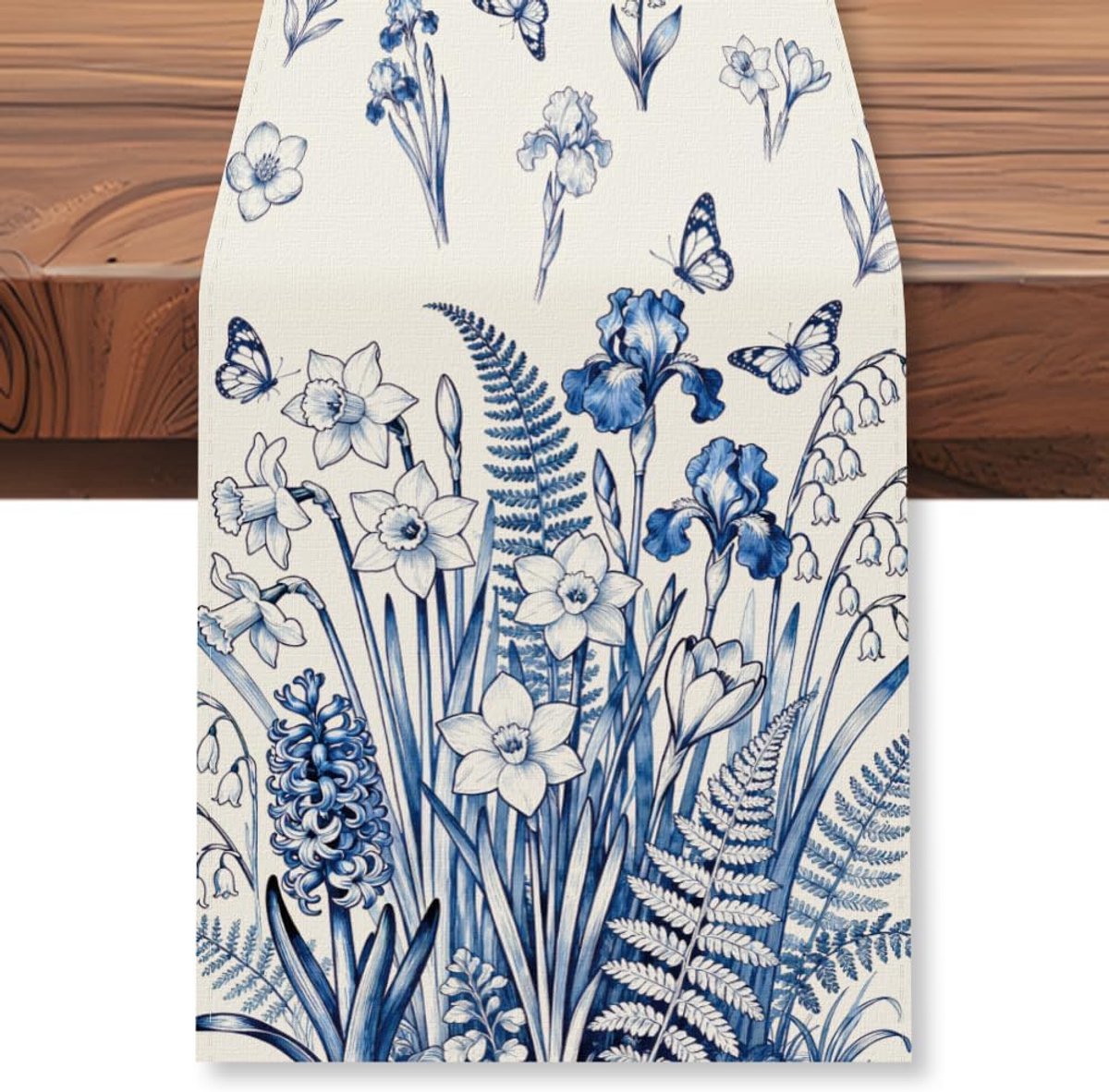 SnelShoppen - Tafelrunner Navy Blauw met Vlinders en Wilde Bloemen, 30x183cm, Chinoiserie Tafeldecoratie voor Keuken en Eettafel, Seizoensgebonden Len