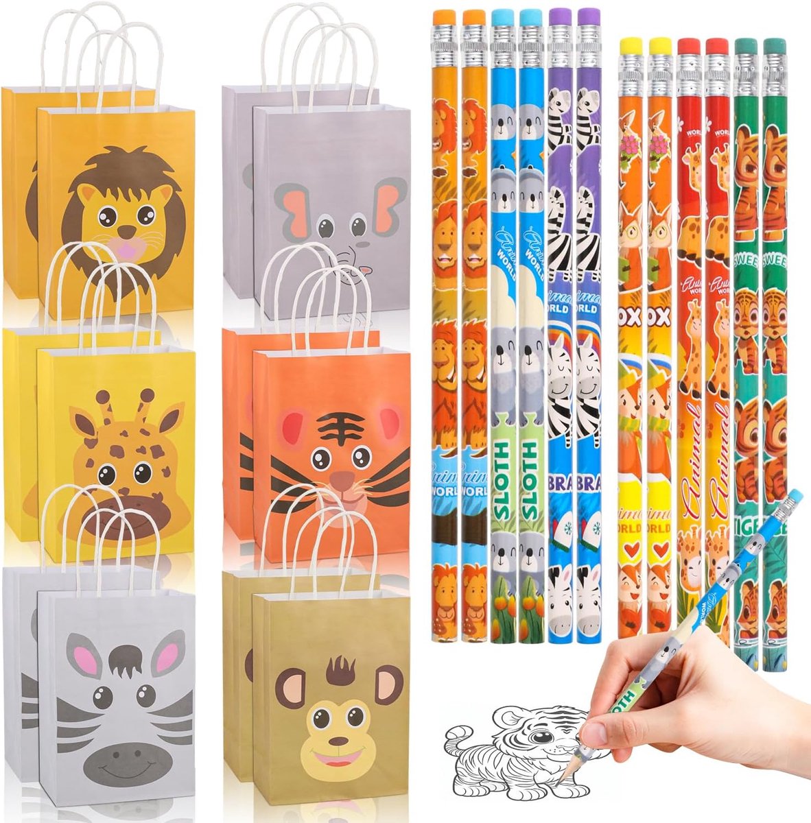 SnelShoppen - Dierlijke Decoratieset 24 Stuks - 12 Feestzakjes, 12 Dierpotloden voor Kinderfeest, Verjaardag, Kerstmis, Cadeauzakjes voor Kinderen