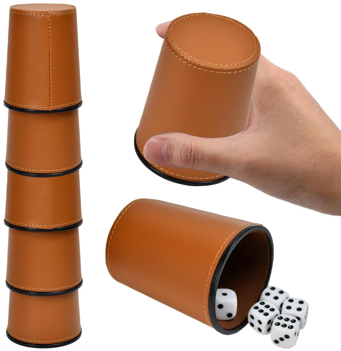 SnelShoppen - Dice Cup Set - 6 Elegante Kubusbekers Bruin met 36 Zwart-Witte Dobbelstenen voor Feestjes, Spelletjesavonden, Bars en Pubs