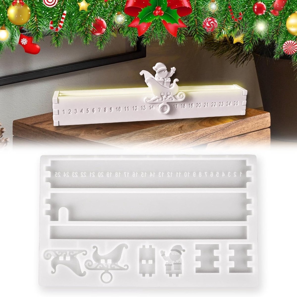 Silicone Mold Advent Wreath with Numbers 1-25 & Santa Motif - Advent Calendar Casting Mould Candle Holder Silicone - ShopVlot