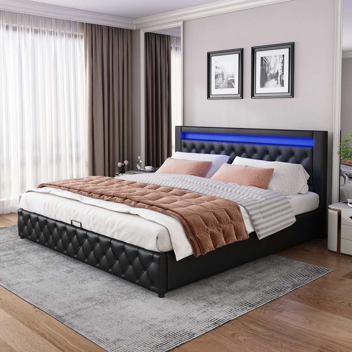 Gestoffeerd bed 140x200 cm - Hydraulische opbergruimte en LED-verlichting - Zwart - Inclusief houten lattenbodem - Hoog hoofdeinde met PU-bekleding