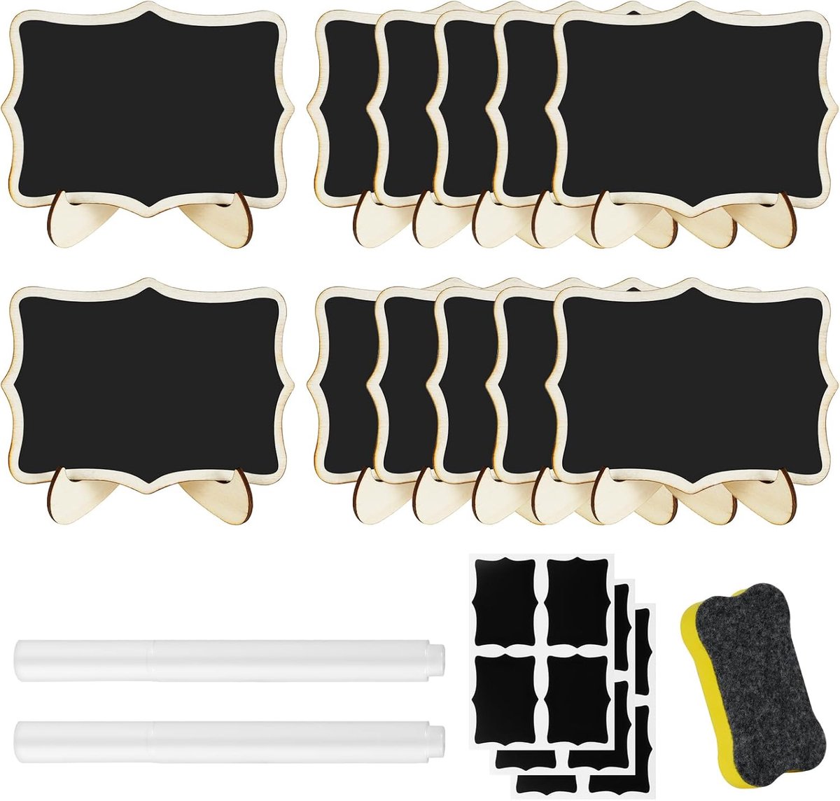 SnelShoppen - 12 Stuks Mini Krijtbord Platen met Stand, Kleine Krijtborden met 2 Pennen en 12 Onregelmatige Stickers voor Buffet Labels, Tafelnummer,
