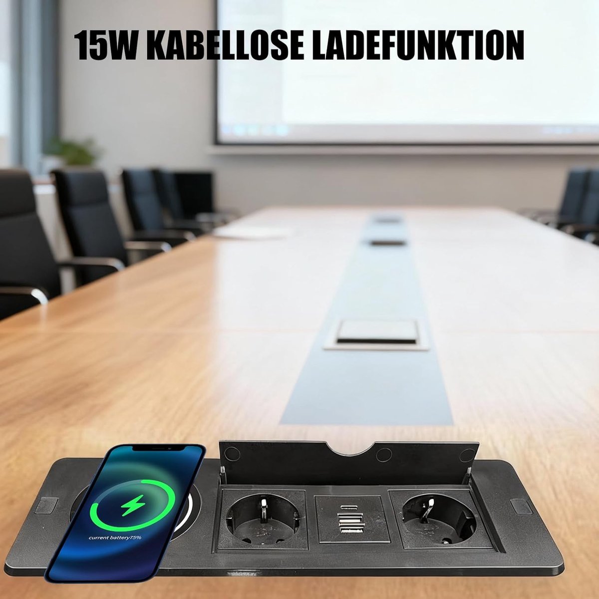 SnelShoppen - Retractable Socket USB C PD 20W en 15W Draadloos Opladen 2 Stopcontacten Flush Mount Tafel Stopcontact voor Kantoor Keuken Zwart 1,5m Ka