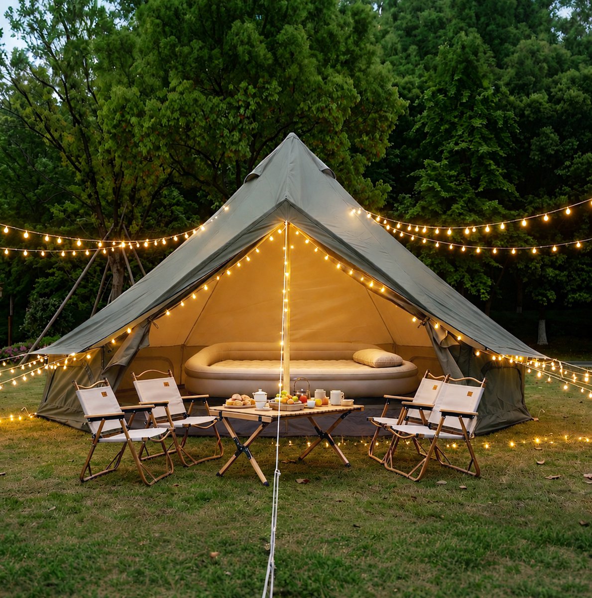 Tent Tipi-tent 300 x 300 x 200 cm - Voor 3 tot 4 Personen - Polyester - Donkergroen - Met Kacheldoorvoer