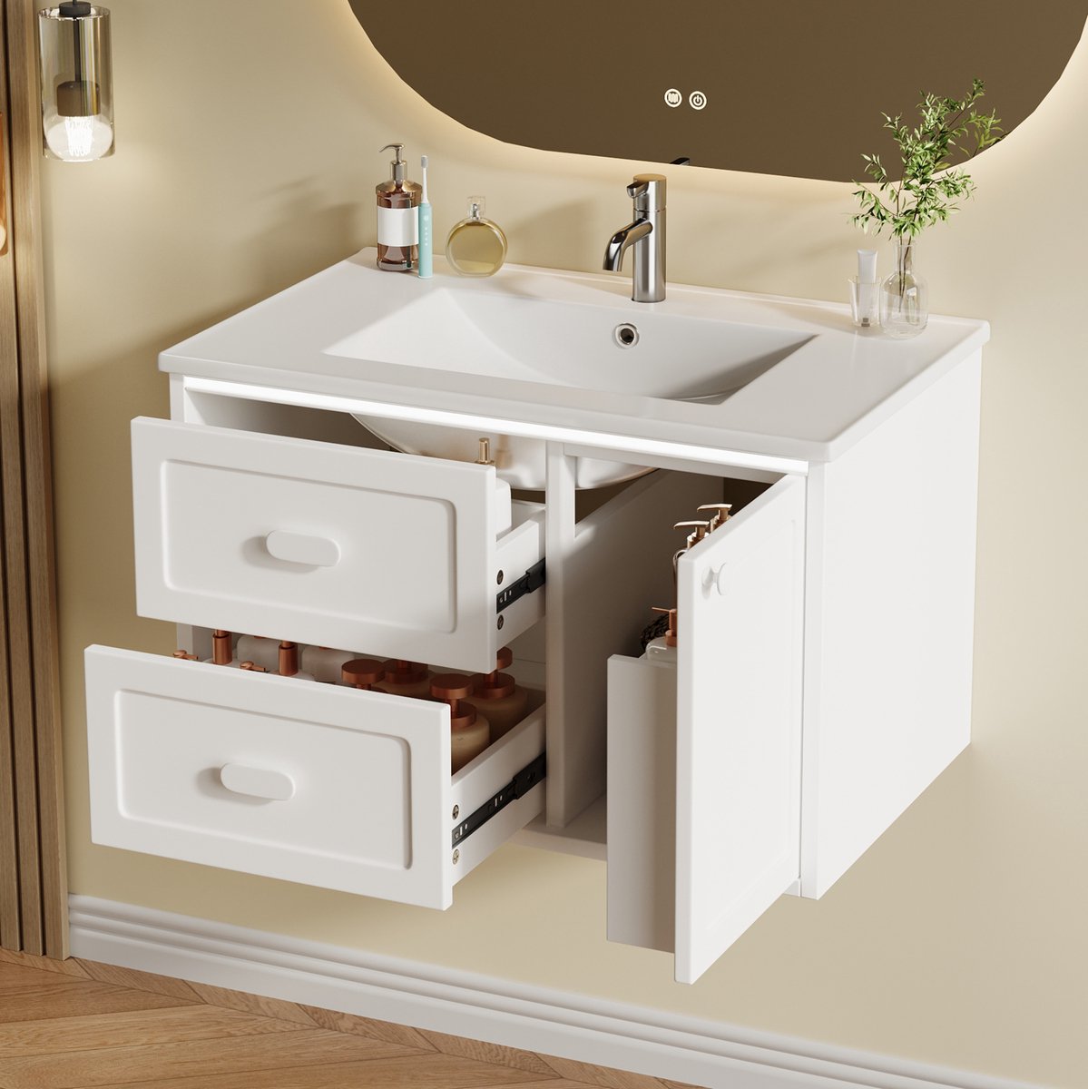 COVREO Badkamerkast 76x46x51 cm wit, MDF met keramische wasbak en 2 lades