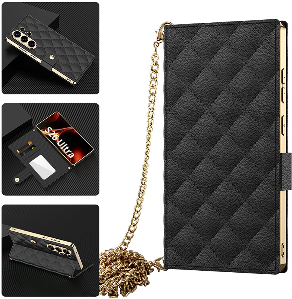 Casemania Hoesje Geschikt voor Samsung Galaxy S26 Ultra - Zwart - Gewatteerd Kunstleren Book Case met Pasjeshouder en Koord