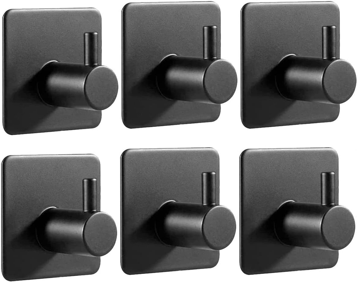 SnelShoppen - Zelfklevende Haken - RVS Haken Voor Keuken, Badkamer, Handdoeken, Jassen - Waterproof, Zwart - 6-Pack