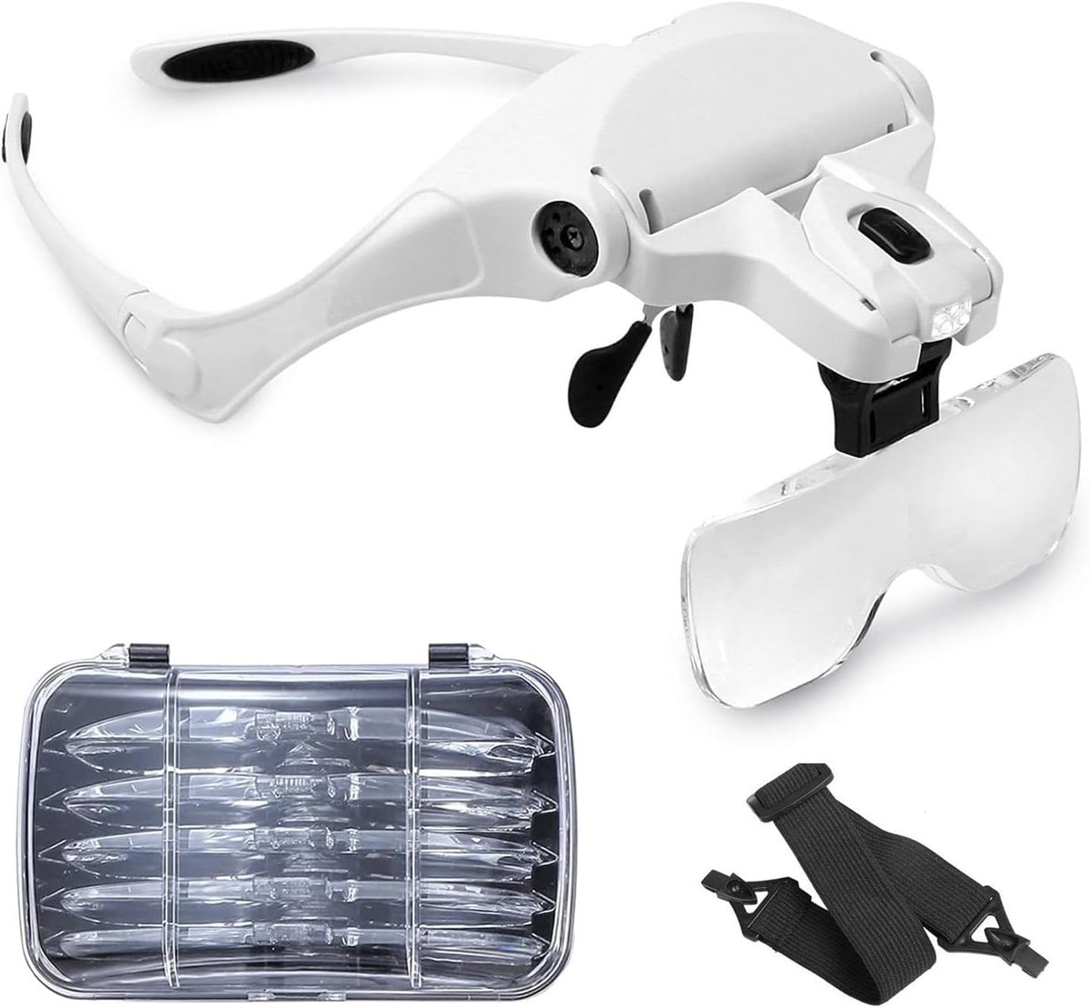 SnelShoppen - Headband Loupe Bril met LED Licht voor Handsfree Handwerk, Juwelen, Horlogemaker Hobby, 5 Lensen 1.0X 1.5X 2.0X 2.5X 3.5X