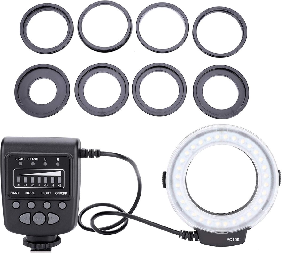 SnelShoppen - Ring LED Camera Licht, Flits Kit met LED Ringlicht, Adapters en Controller met LCD Scherm voor DSLR, 4 Helderheidsniveaus en 7 Flitsmodi