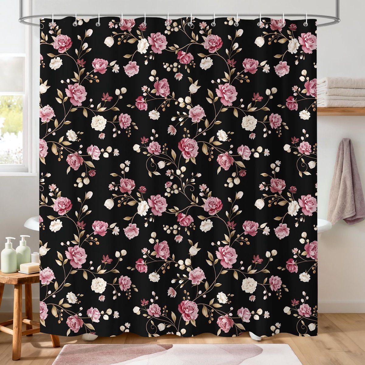 Omgoods - Donkerzwart Douchegordijn met Bloemen - Vintage Rozenprint 182 x 183 cm