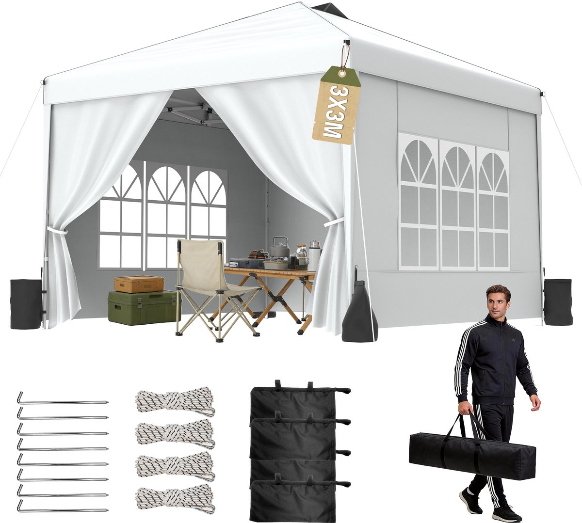 Arvioo opvouwbare paviljoen - wit 3x3m - waterafstotend - met zijwanden en zandzakken
