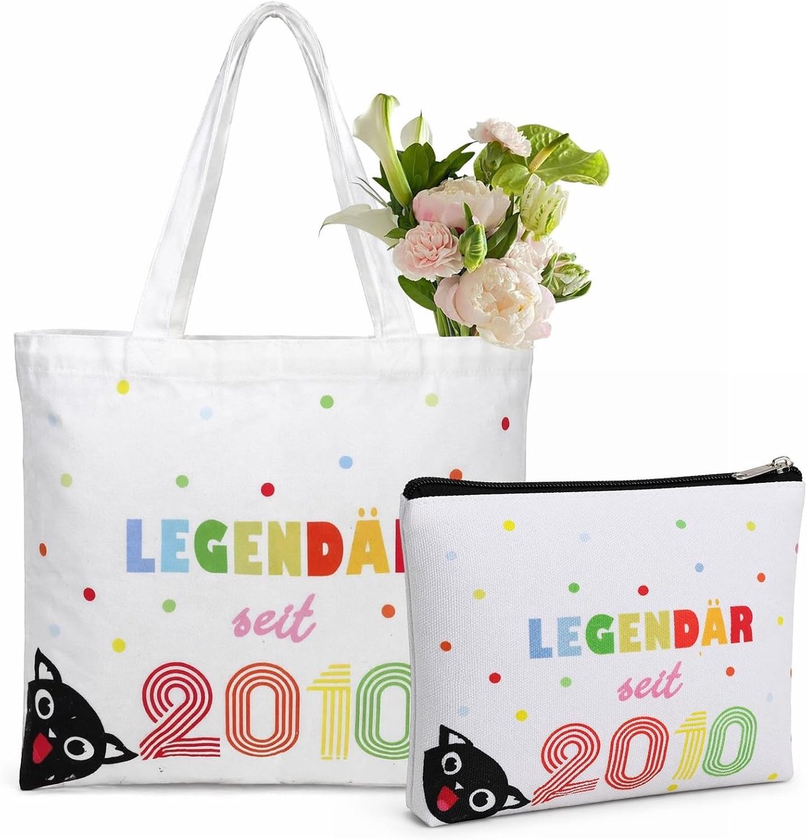 Gepersonaliseerde Katoenen Draagtassen en Cosmetische Tas met Kattenmotief voor 16e Verjaardag Vrouwen, Unieke Verjaardagscadeaus en Accessoires voor Dames Geboren in 1996