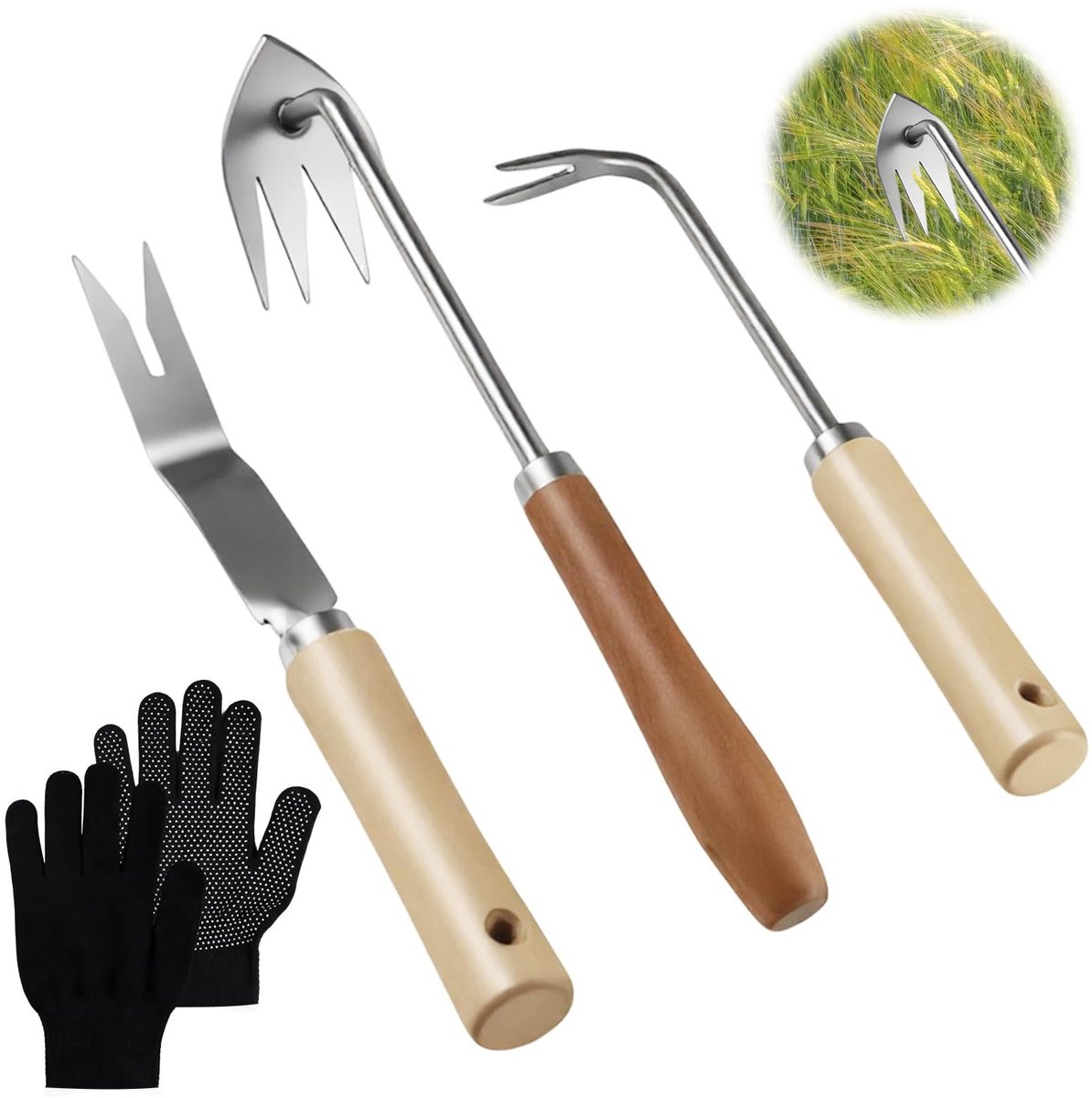 Omgoods - Onkruidsteker Set 4-delig met Handschoenen - Roestvrij Staal Tuingereedschap