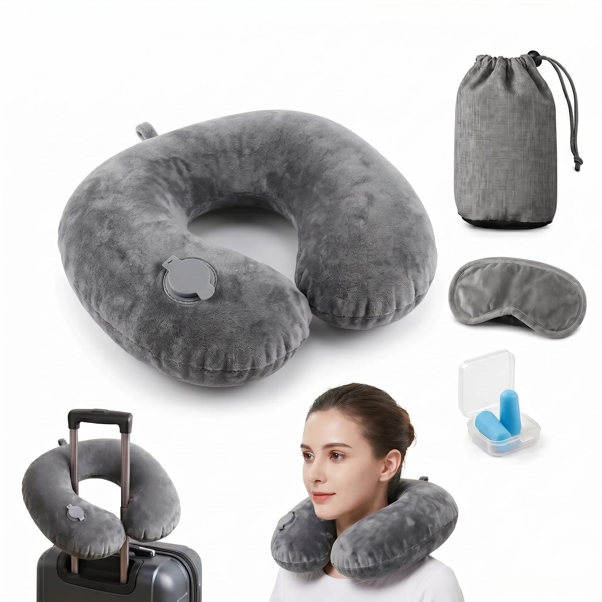 Omgoods - Opblaasbaar Nekkussen met Oogmasker en Oordopjes voor Reizen
