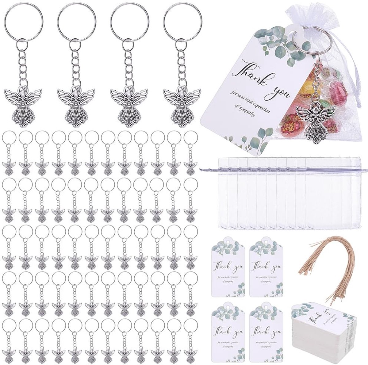 Omgoods - Set van 100 Begrafenis Giften met Engel Sleutelhangers en Organza Zakjes