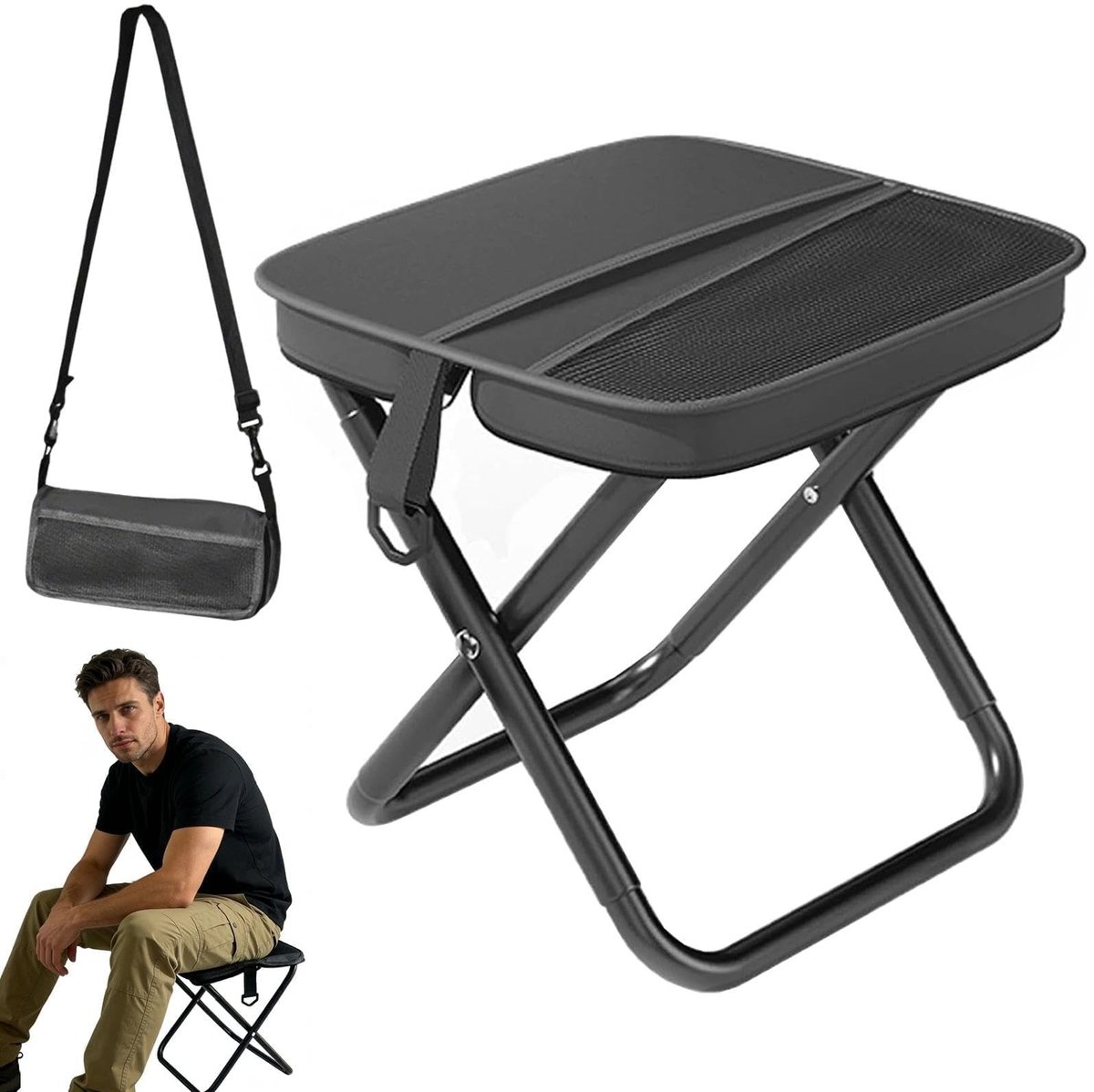 Omgoods - Opvouwbare Campingkruk - Zwart, 150 kg draagvermogen, inclusief opbergtas