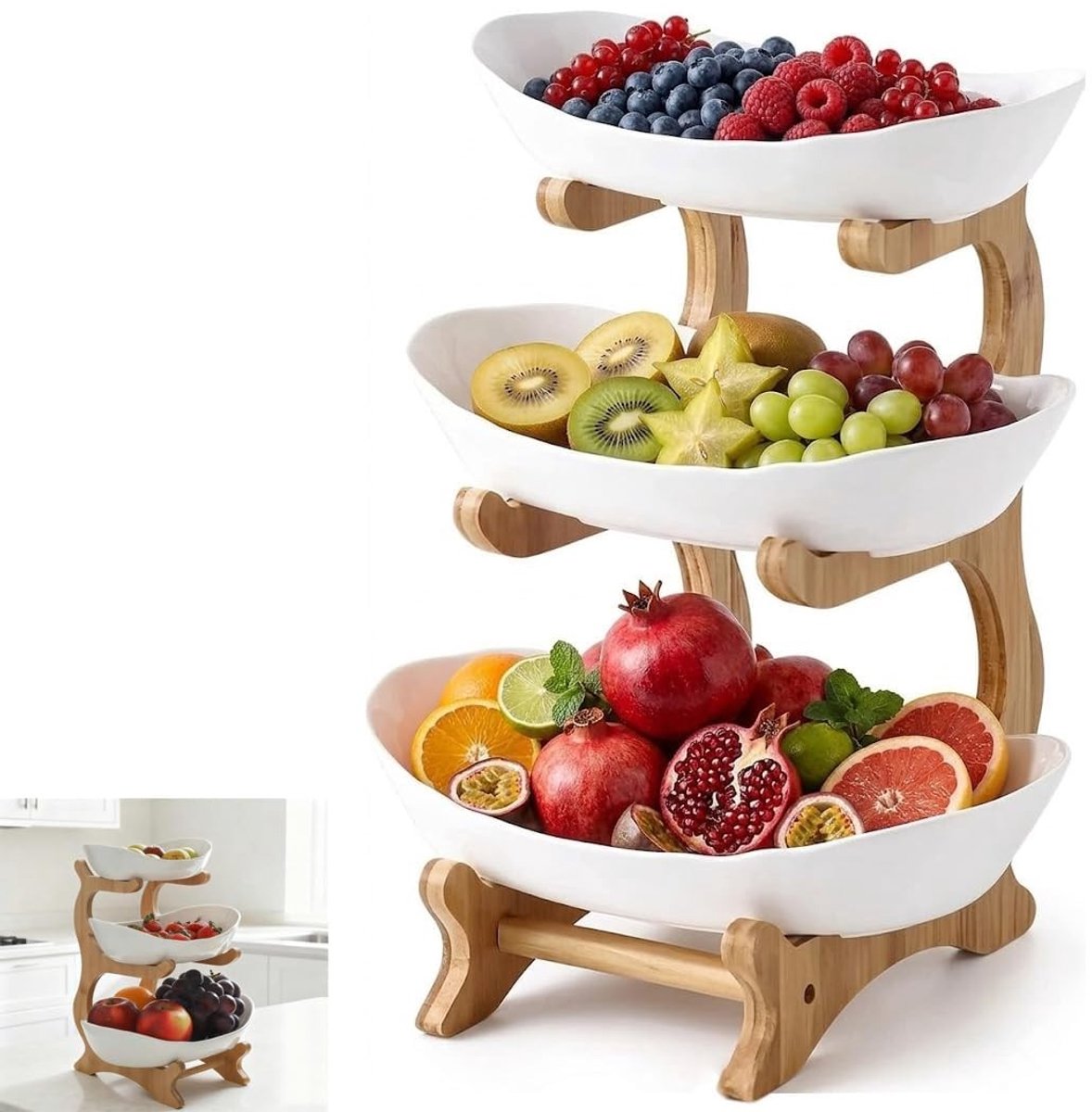 Omgoods - 3-laags Fruitstandaard met Houten Onderstel voor Snacks en Groenten