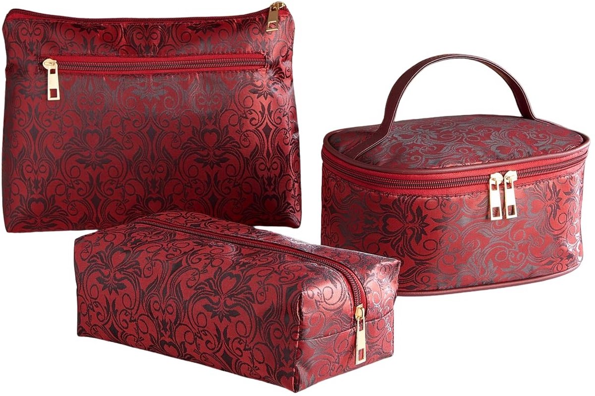 Omgoods - 3-Piece Cosmetic Bag Set voor Dames - Rood, Elegante Satin Look