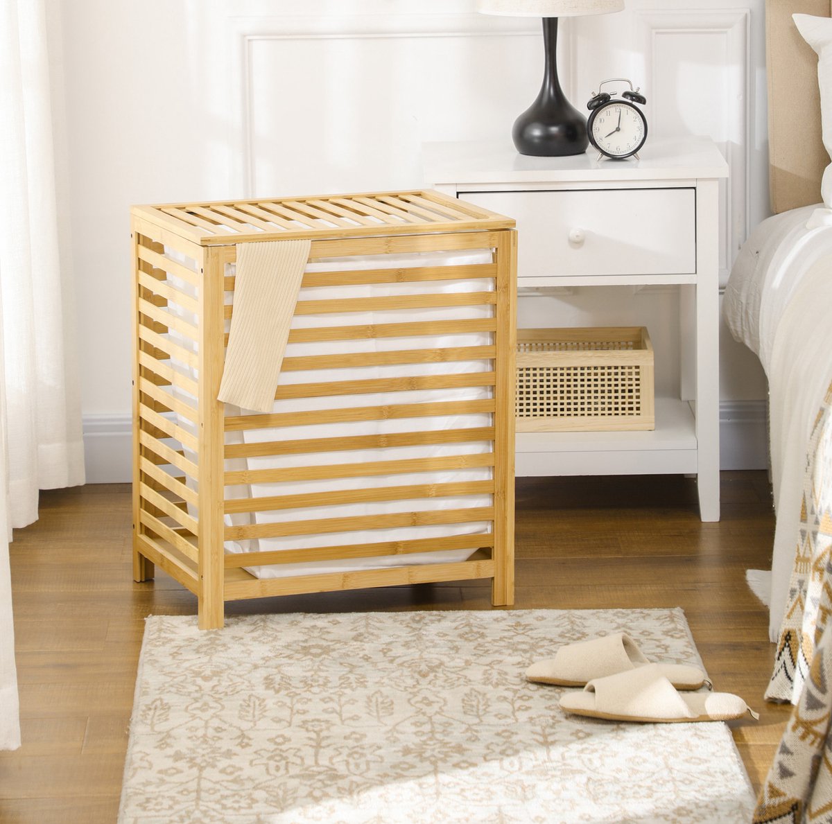 COVREO Wäschekorb 50x36x60 cm, naturel bamboe met deksel en waszak