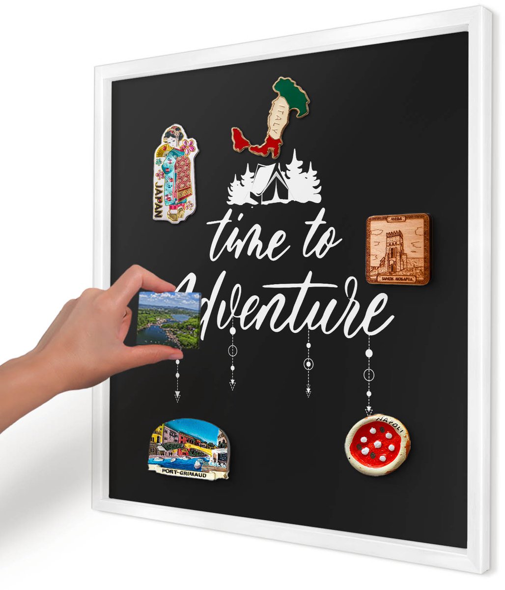 Artprintcave Zwart Magneetbord mit Witte Lijst - 50x50 cm - Avontuur Wacht. Bord Voor Magneten - Modern Magneetbord Voor Foto's - Teksten