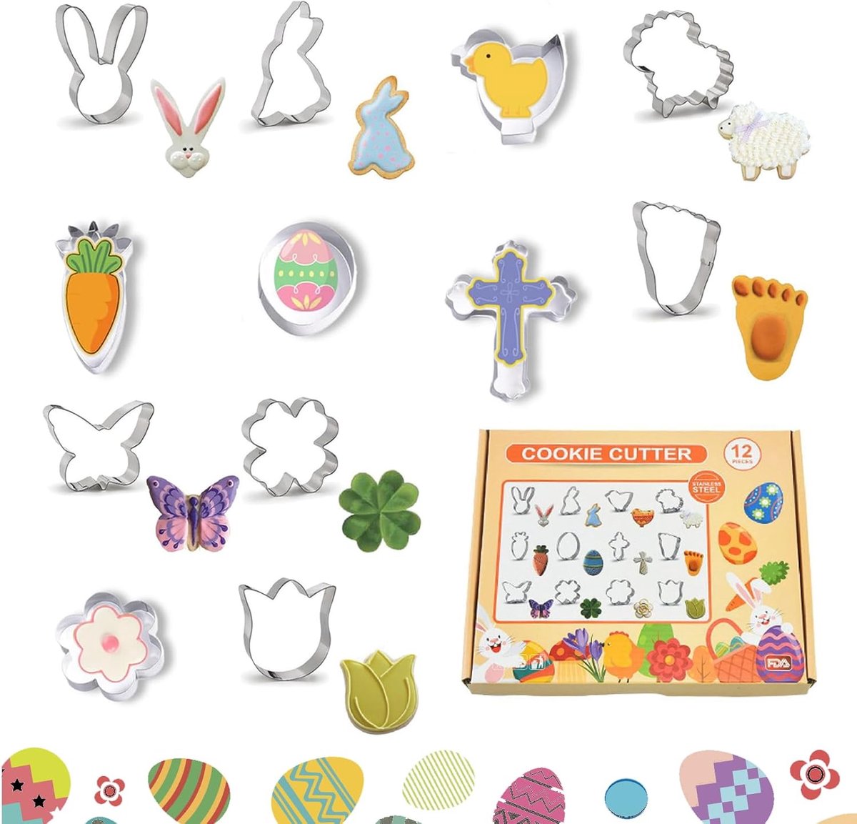 12 Pieces Easter Cookie Cutters Stainless Steel Cookie Mould Easter Biscuits for Baking, Hare, Carrot, Egg, Hare Head - ShopVlot