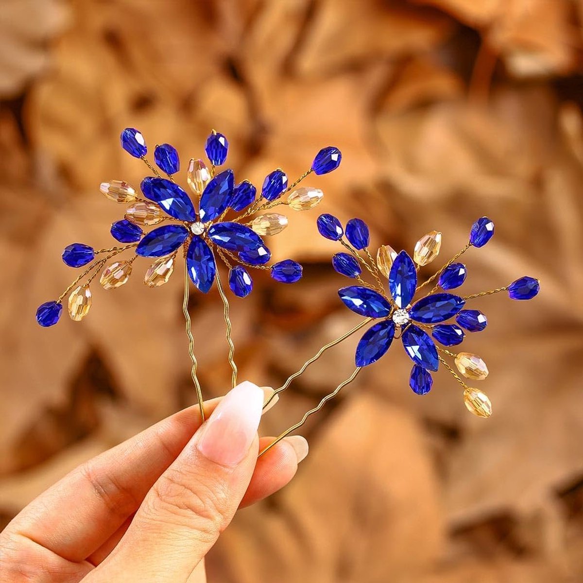 SnelShoppen - Bruids Haarspelden voor Vrouwen - Koninklijk Blauwe Bloem Haaraccessoires met Sprankelende Kristallen - Handgemaakte Bruids Haarclips vo