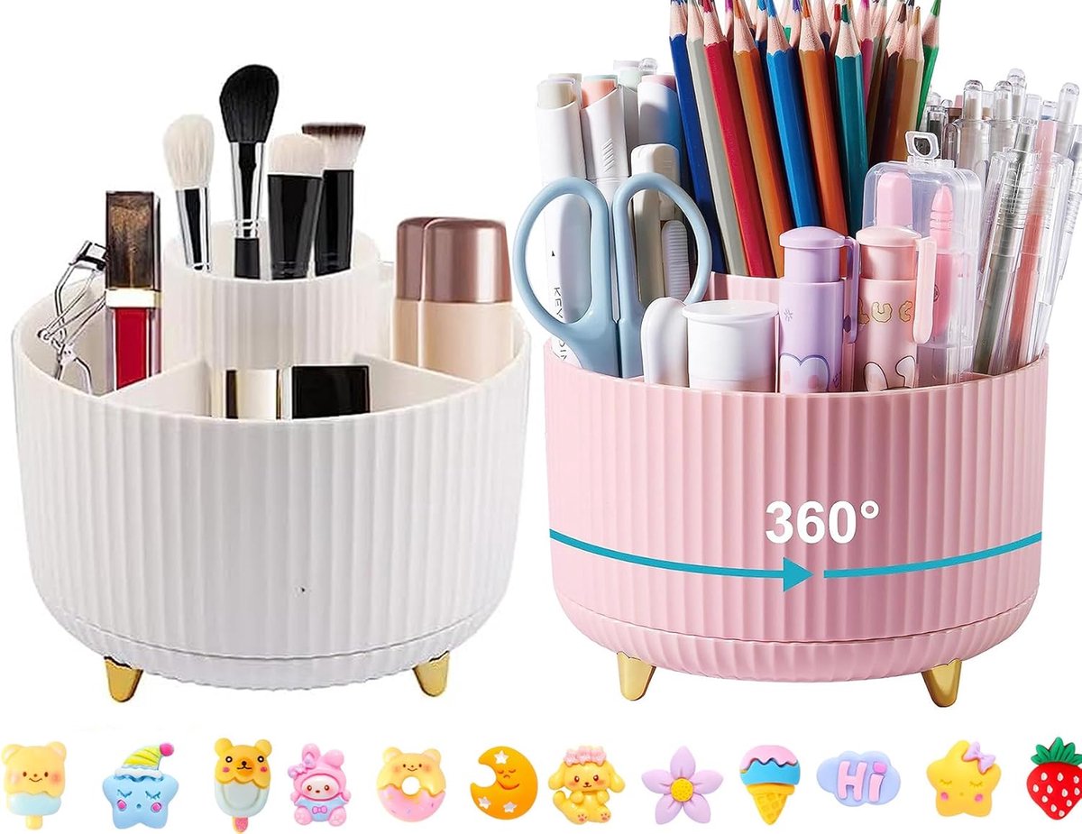 SnelShoppen - Rotating Pen Holder 360° Draaiende Pennenhouder met 5 Sorteringsvakjes voor Pennen, Organiser, Bureauaccessoire, Wit + Roze voor Kantoor