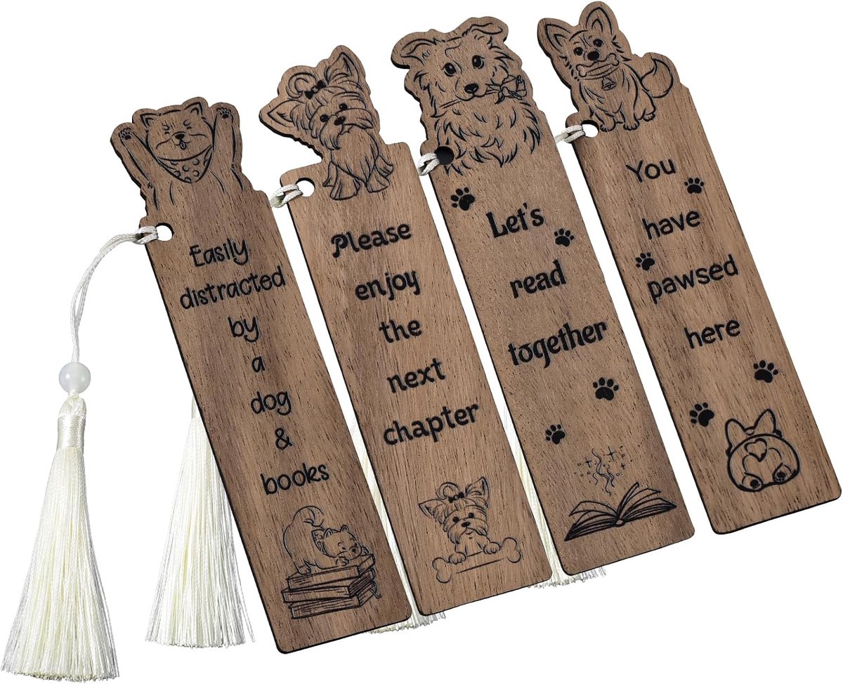 SnelShoppen - 4 Stuks Hondenbladwijzers - Schattige Houten Hondenboekmarkers met Kwastjes - Creatieve Cadeaus voor Leesliefhebbers - Bruin - Perfect v