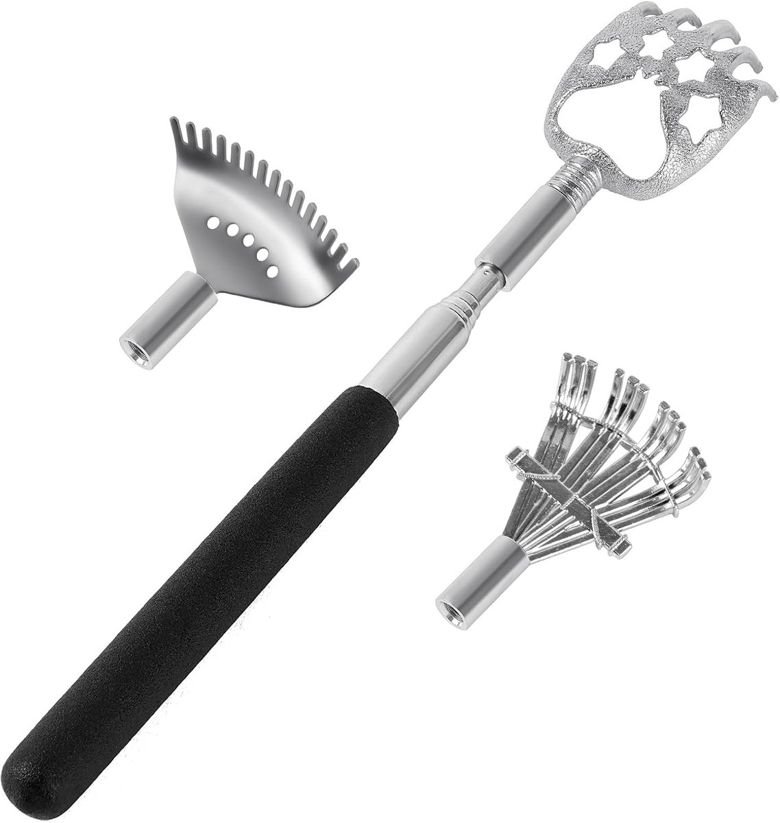SnelShoppen - 3-in-1 Verlengbare Rugkrabber, RVS Rugkrabber met Verwisselbare Opzetstukken, Rugmassage voor Thuis, Reizen en Kantoor