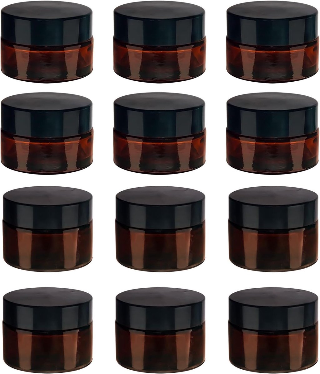 SnelShoppen - Pack van 12 bruin glazen cream jars 20ml + 30ml - kleine potjes met deksel voor cosmetica, lotions, crèmes - UV-bescherming, ideaal voor
