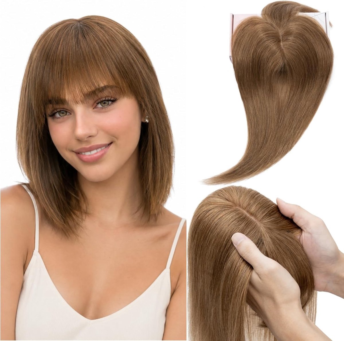 Echte Haar Pony Haarstukjes voor Dames, Clip-in Haartopper met 360° Afdekking, 25 cm Lichtbruin Remy Haar, Natuurlijke Look en Gemakkelijk te Dragen