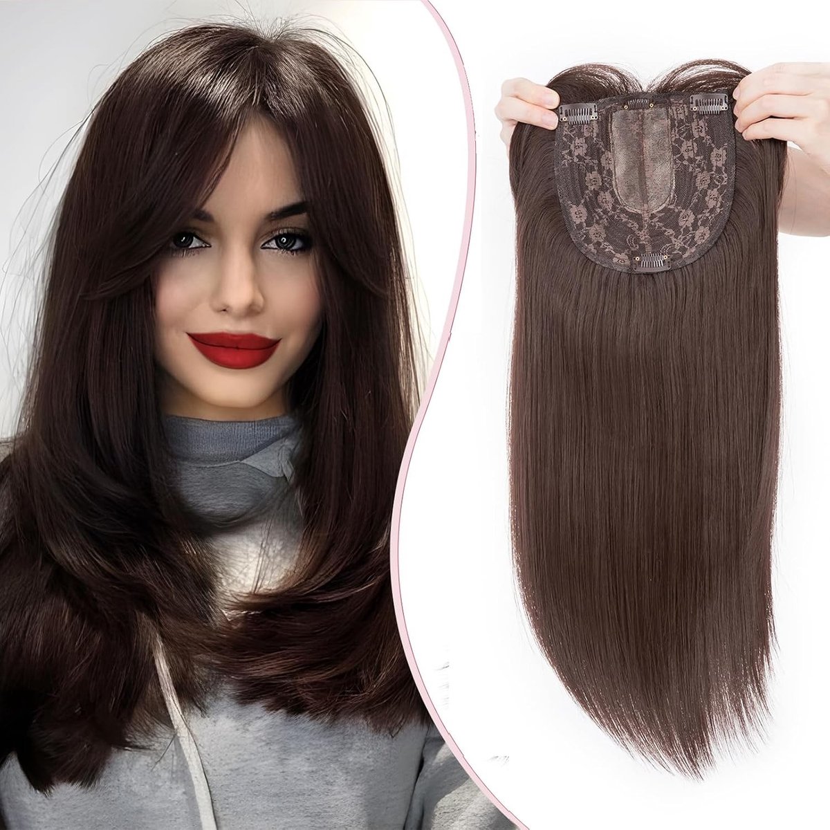 Haar Toppers voor Vrouwen, Clip-In Toupee Extensions, 6 x 6 Inch Synthetic Haarstukken met Pony, 45 cm, 170 g, Maroon, Perfect voor Volumineus Haar