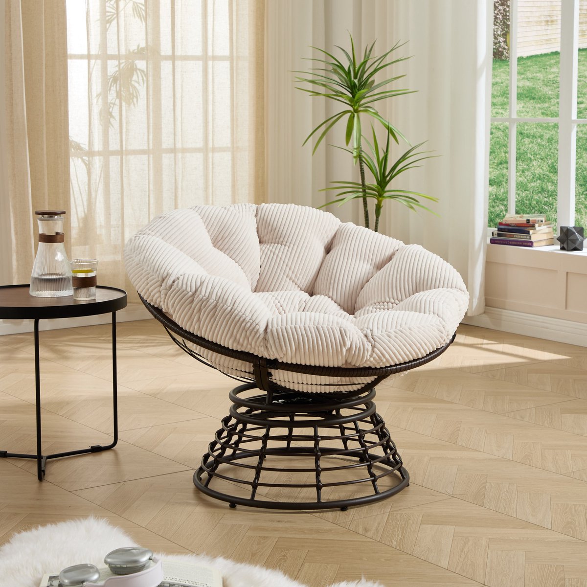 MODENUIT Fauteuil 92 cm - 360° Draaibaar Met Rond Rugontwerp - Voor Woonkamer En Leeshoek - Wit/Bruin