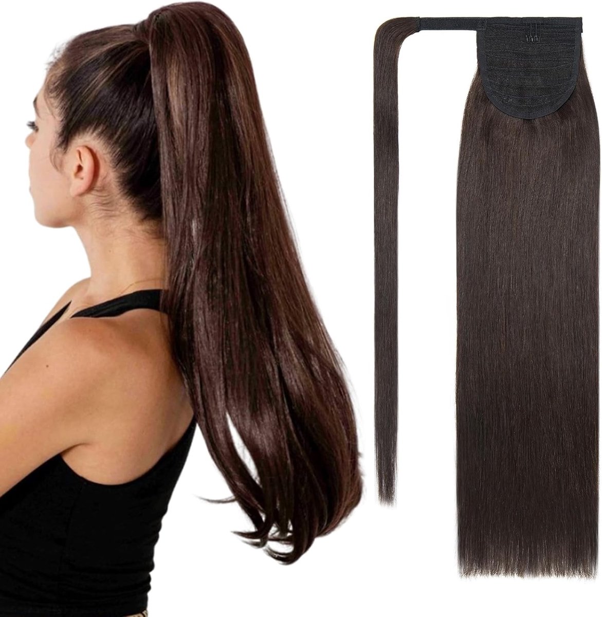 Natuurlijke Ponytail Extensions van Echte Haar, 80g Onzichtbare Wrap Around, 14 Inch Donkerbruin voor Vrouwen, Perfect voor Volumineuze Hairstyling
