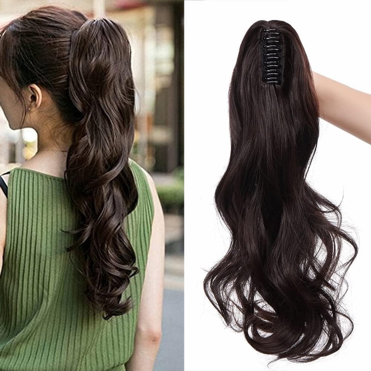 Ponytail Hair Extension 45 cm - Wavy Donkerbruin Haarstuk met Clip-in en Braid voor Volumineuze Staart