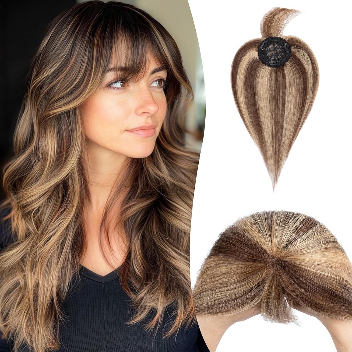 Haartopper voor vrouwen van 100% echt haar, clip-in haarverlenging voor dun haar, toupet met pony, 35 cm - 38 g, kleur #4/27 chocoladebruin/donkerblond, natuurlijk volume en stijl