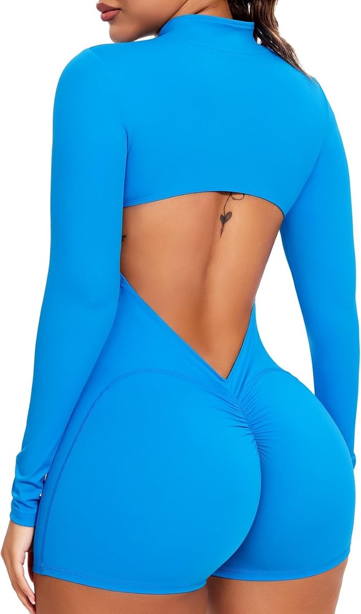 Dames Jumpsuit met Rits en Lange Mouwen voor Pilates, Yoga en Fitness - Push Up V-hals en Rugontwerp