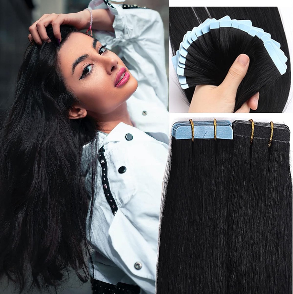 Echthaar Tape Extensions 20 Tressen/30g voor Haarverlenging met Klebeband - Zwart 24" (60cm) voor Volumineus en Lang Haar