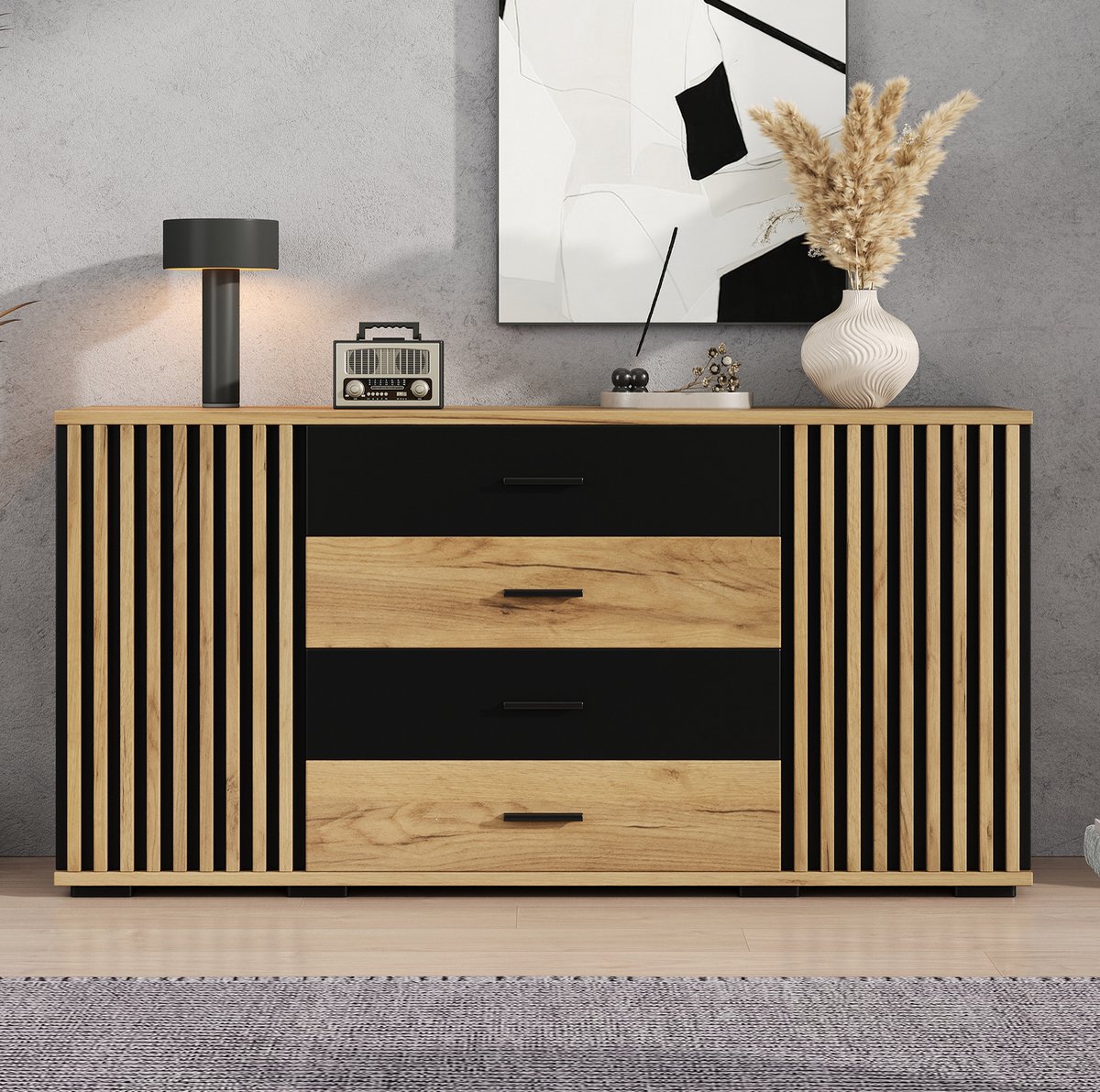 FloraGrace Dressoir - Verticale Ribbeldeuren En 4 Lades - Met Verstelbare Planken Voor Woonkamer En Eetkamer - MDF - 140x35x70 Cm - Zwart En Eikenkleur