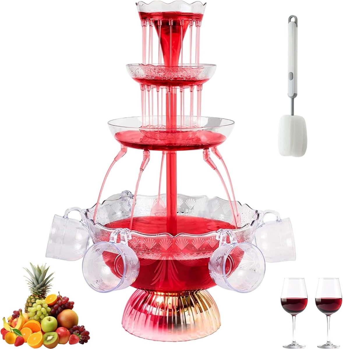 3-stage Clear Party Fountain with Brush, Wijnfontein met 5 Herbruikbare bekers, LED-verlichte Voet voor Pubs, Huisfeesten en Verjaardagsfeestjes