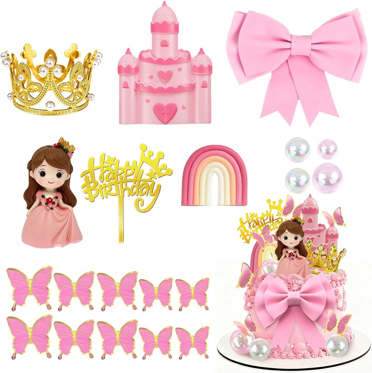 Taartfiguren Kasteel Taartversiering Met Strikken Vlinders Bollen Regenboog Voor Prinses Thema's