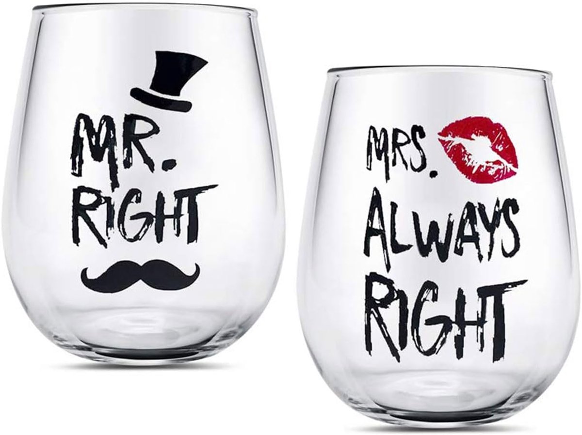 Mr Right Mrs Always Right Stemless Wijnglazen Set Gouden Huwelijkscadeau Voor Bruid Bruidegom Paar Verjaardag Engagement Geschenken Voor Hem Haar Paar Valentijnsdag Kerstmis Xmas
