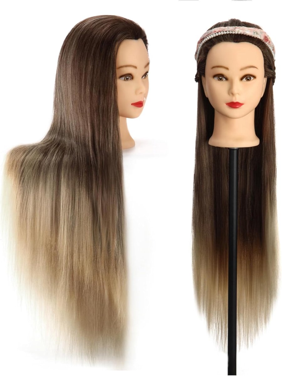 Oefenhoofd, 26-28Inch Kappershoofd Zacht 100% Synthetische Haar Traininghoofd Kapperspop Oefenpop met Steun+ Styling Accessoires (Brown to Deep Gray)